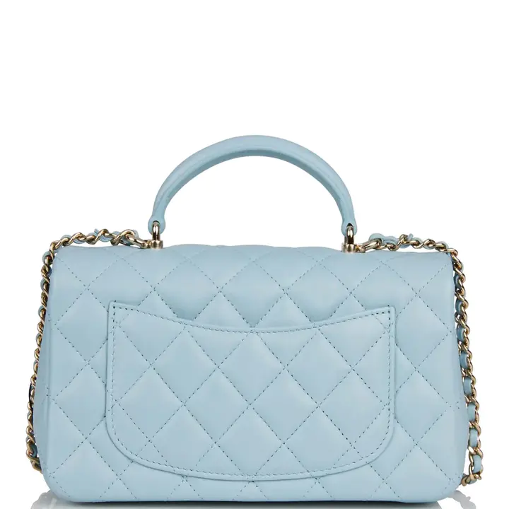 CHANEL Mini Rectangular Flap with Top Handle Blue Lambskin Light Gold Hardware
