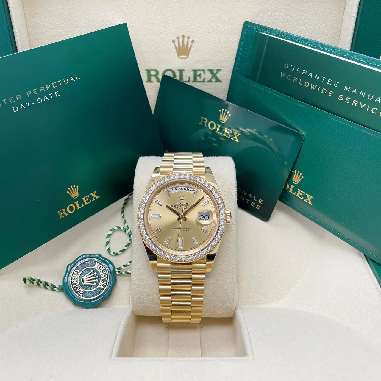 Rolex Day-Date 228348RBR Yellow Gold Diamond Bezel Champagne Diamond Dial