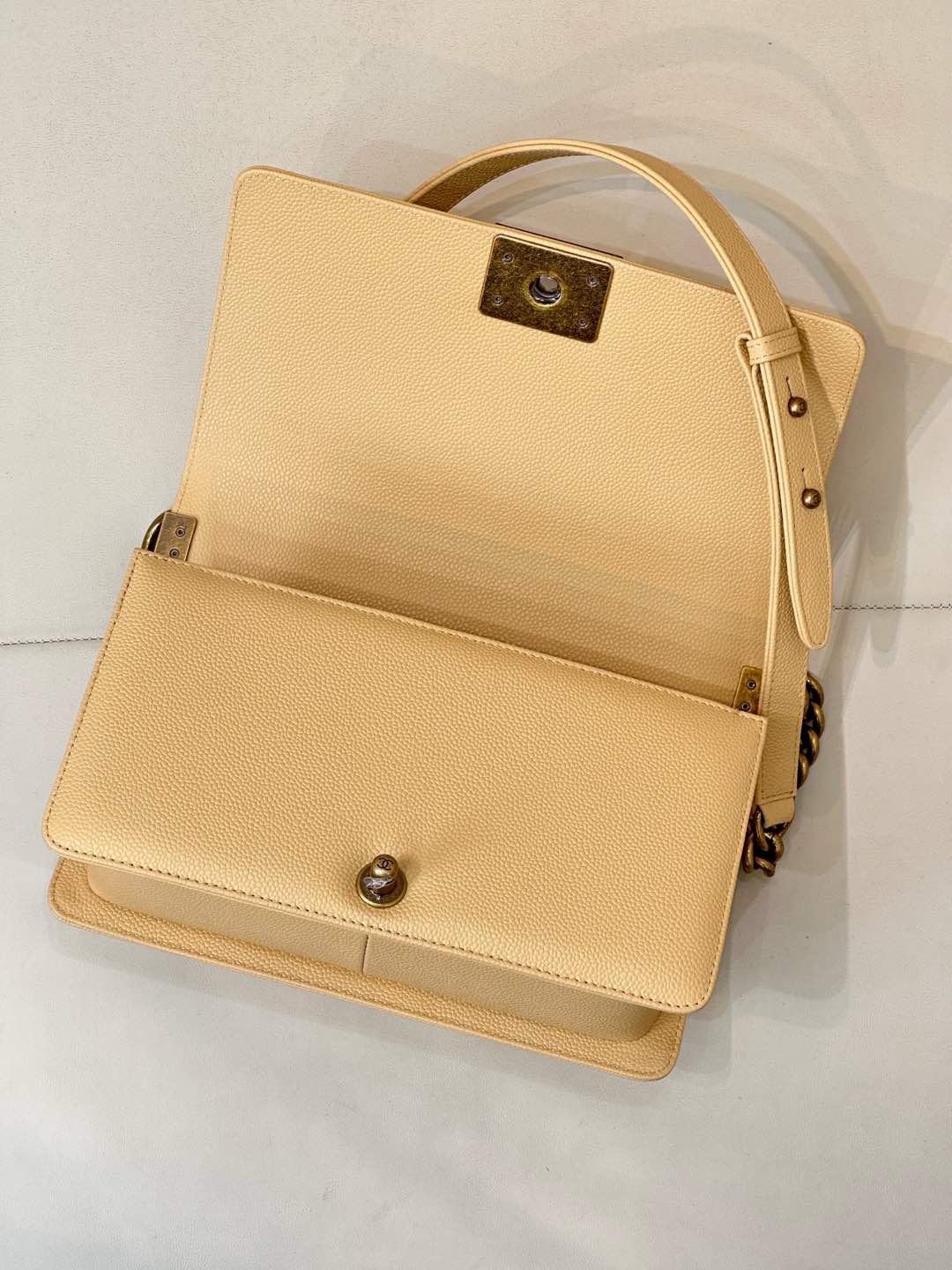 Chanel Medium Boy Bag Beige Caviar Aged Gold Hardware