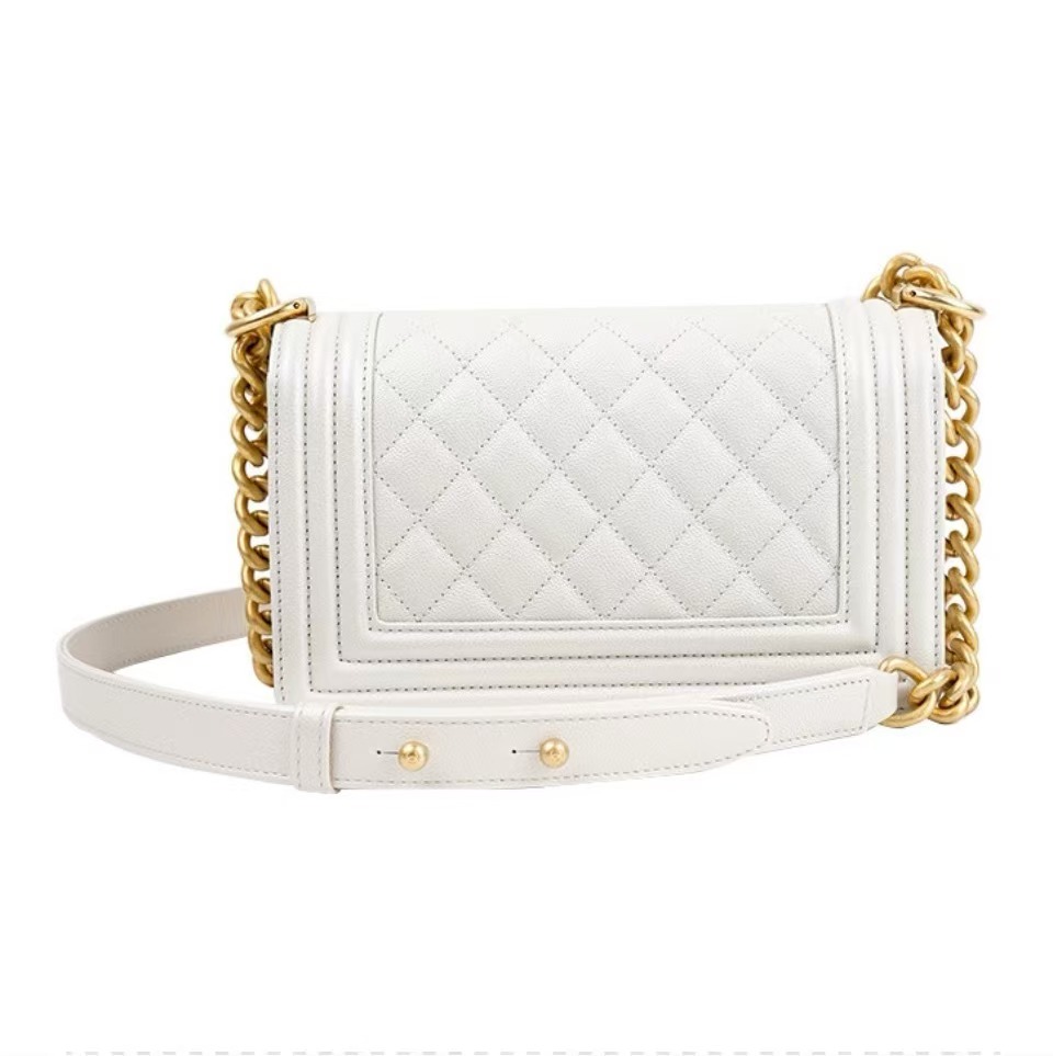 Chanel Medium Boy Bag White Caviar Aged Gold Hardware