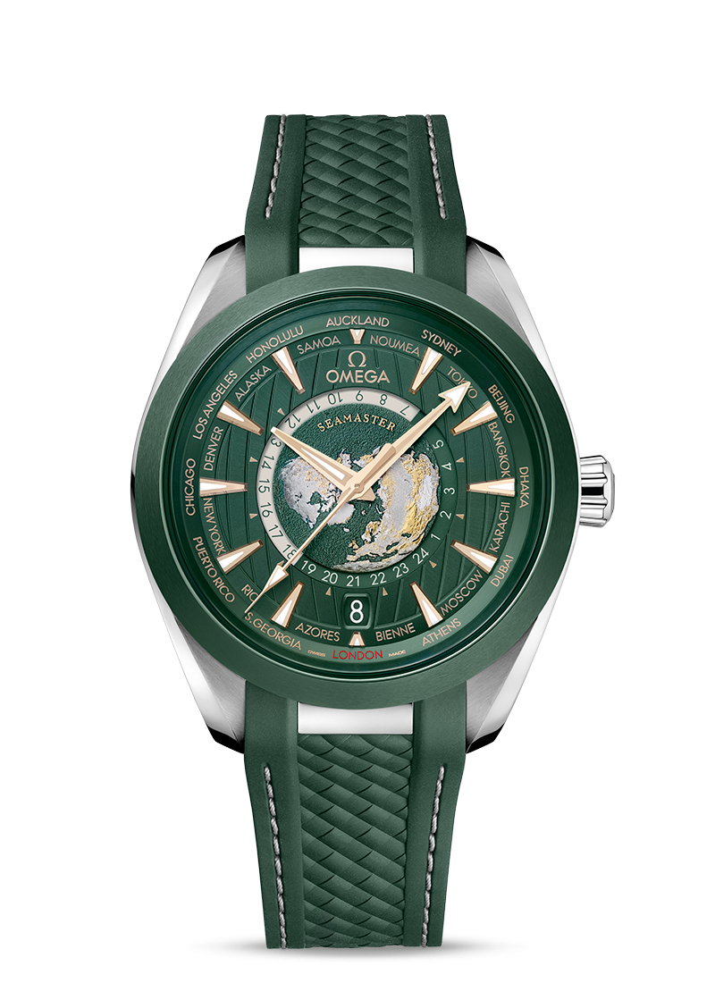 Omega Seamaster Aqua Terra 150M Chronometer GMT Worldtimer 43mm Green Rubber strap 220.32.43.22.10.001