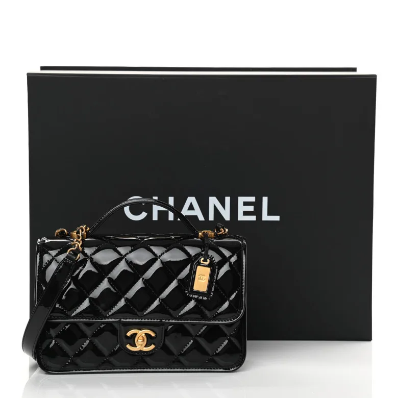 Chanel Patent Quilted Small Top Handle Flap Black