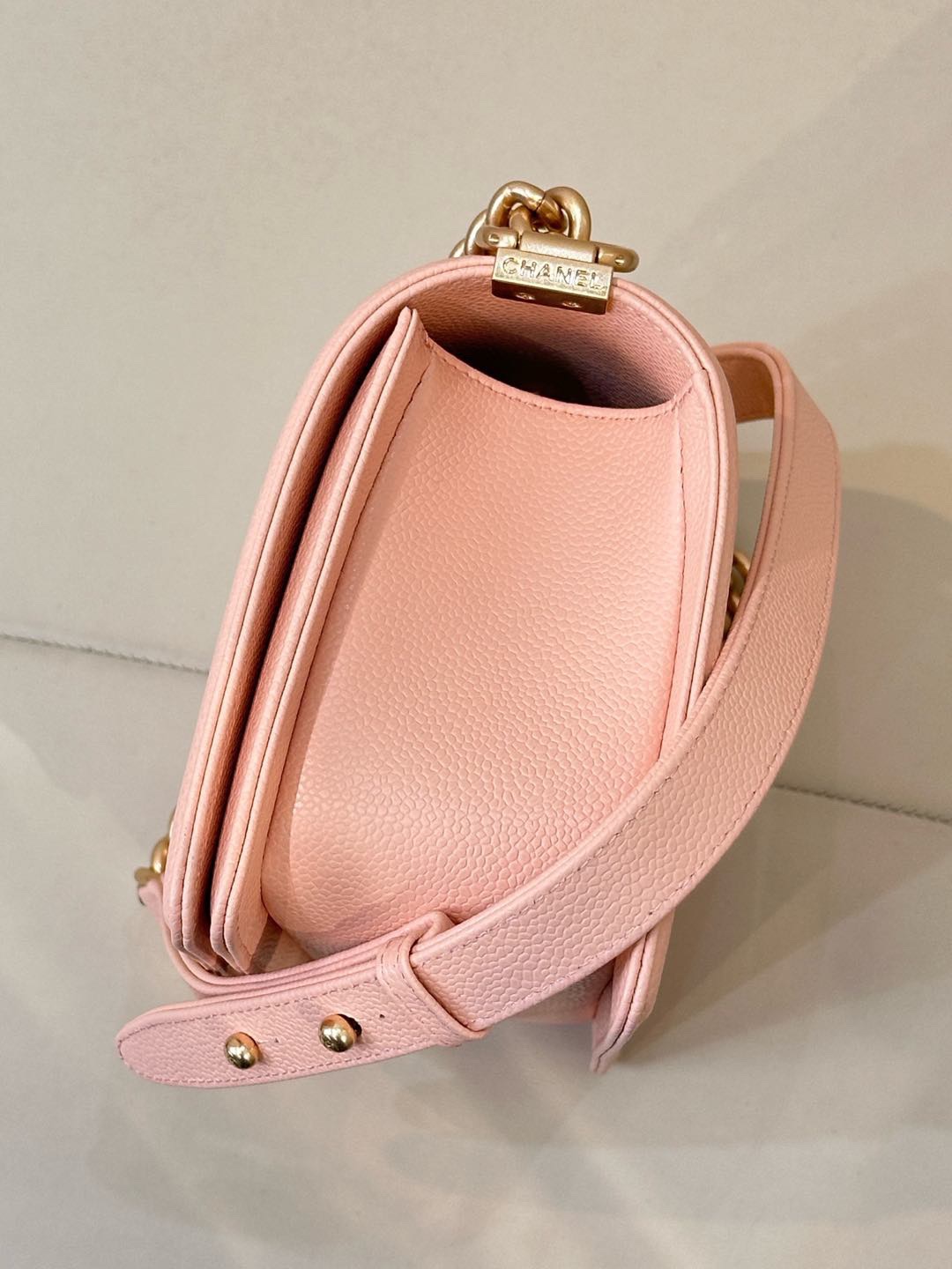 Chanel Medium Boy Bag Pink Caviar Aged Gold Hardware
