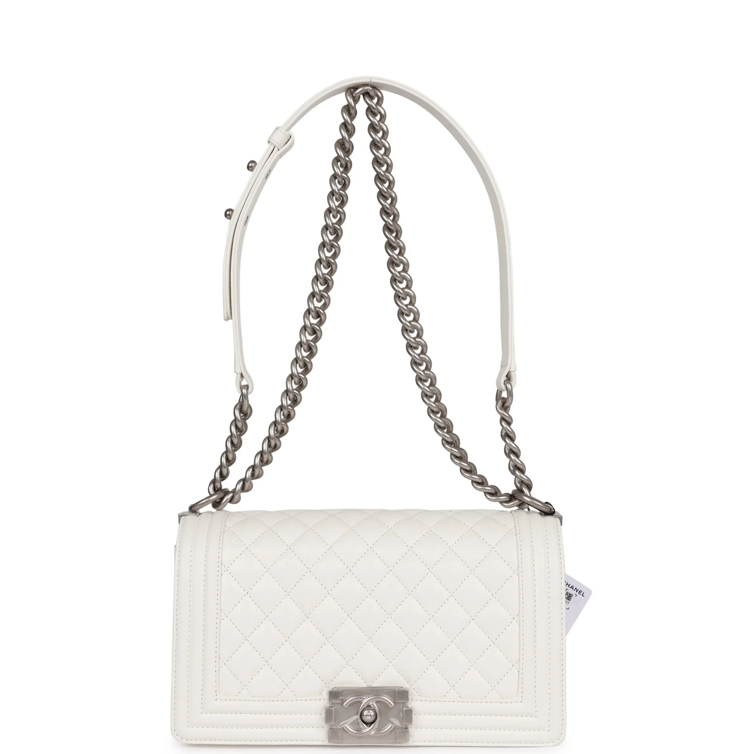 Chanel Medium Boy Bag White Caviar Aged Silver Hardware