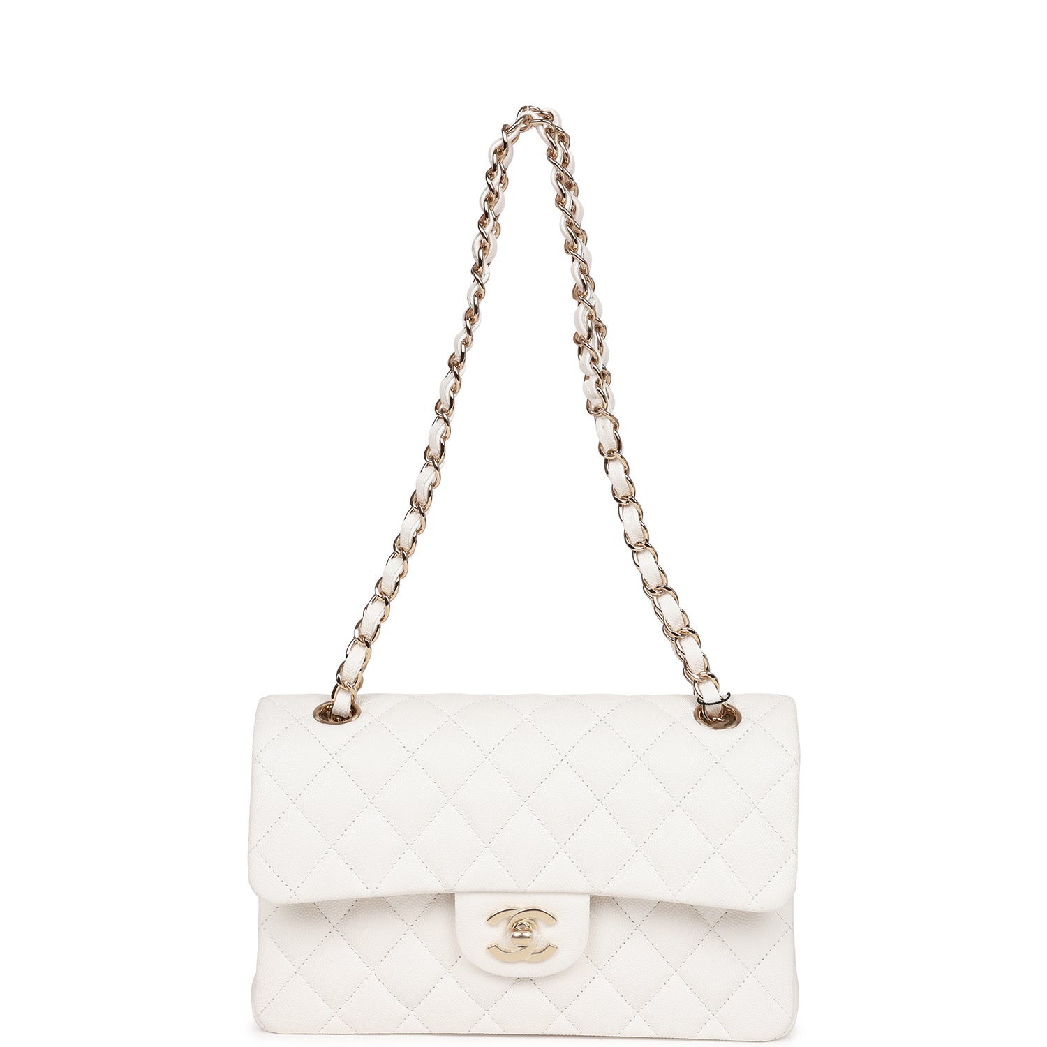 Small Classic Double Flap White Caviar Light Gold Hardware