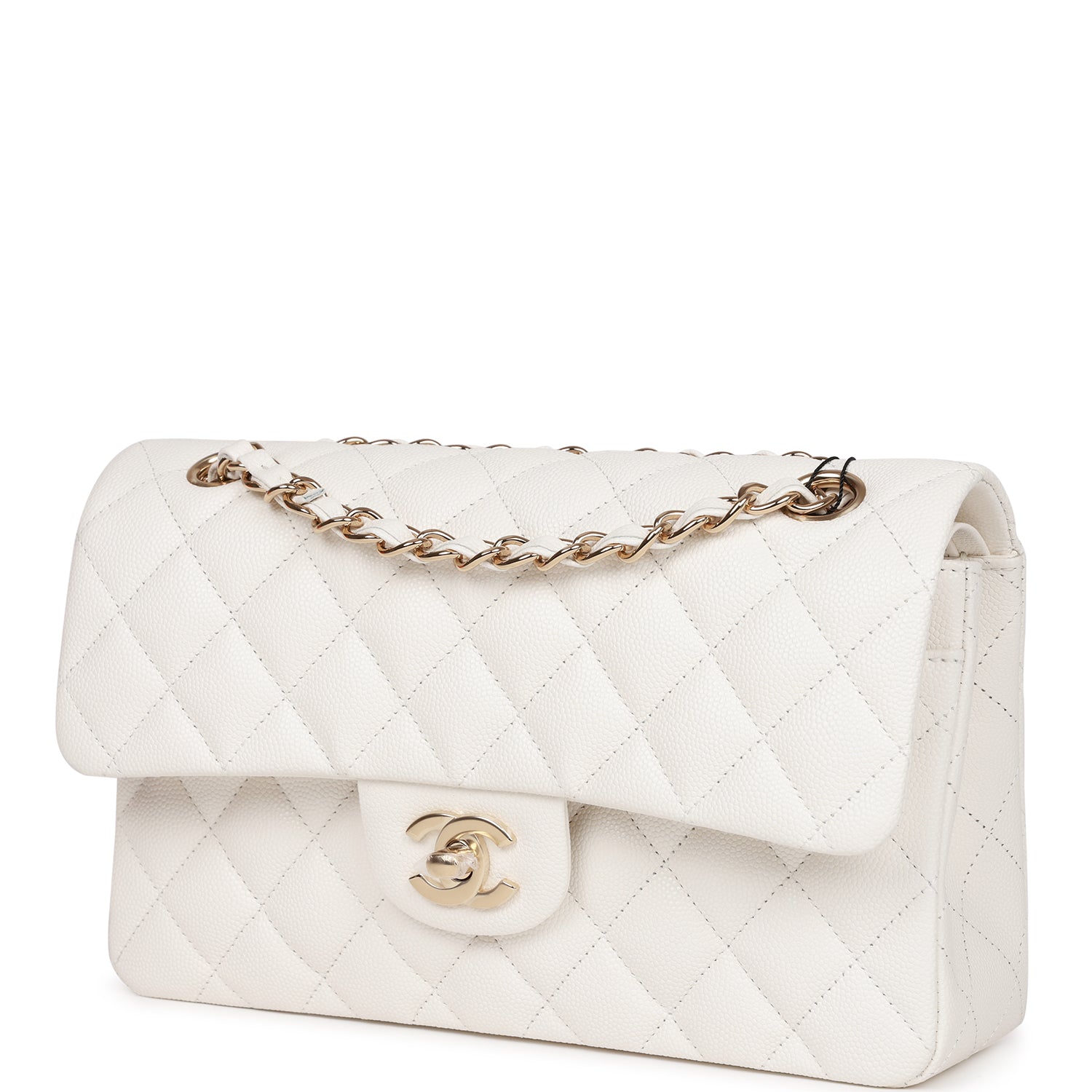 Small Classic Double Flap White Caviar Light Gold Hardware