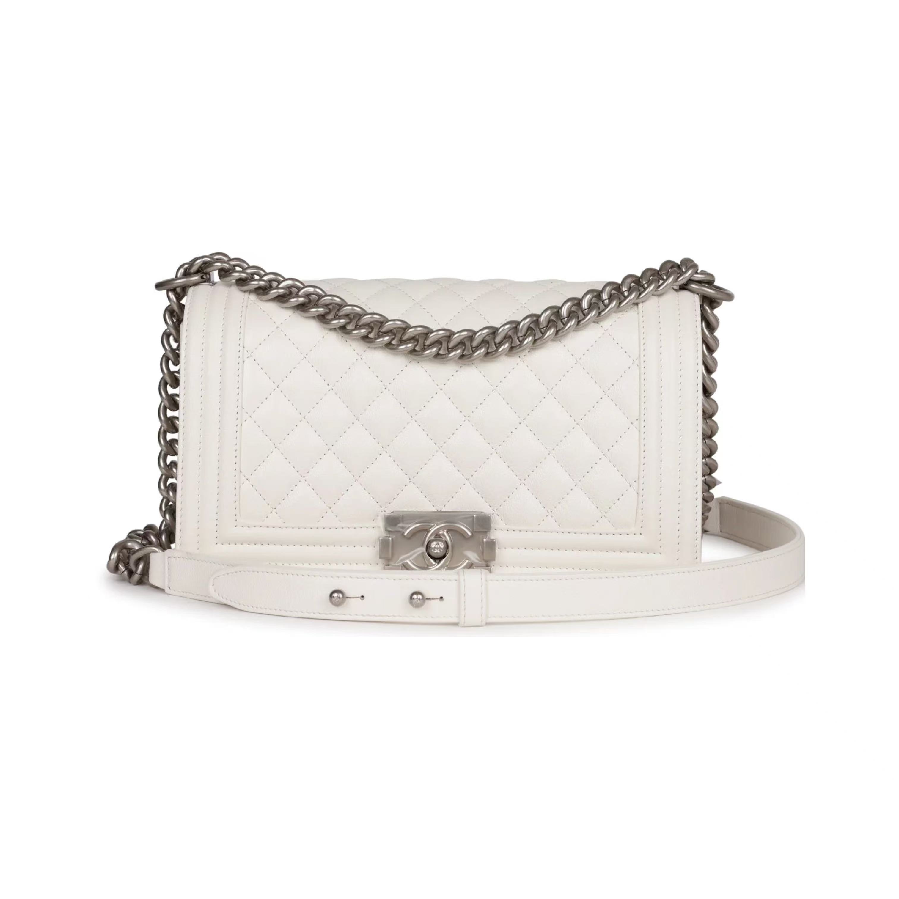 Chanel Medium Boy Bag White Caviar Aged Silver Hardware
