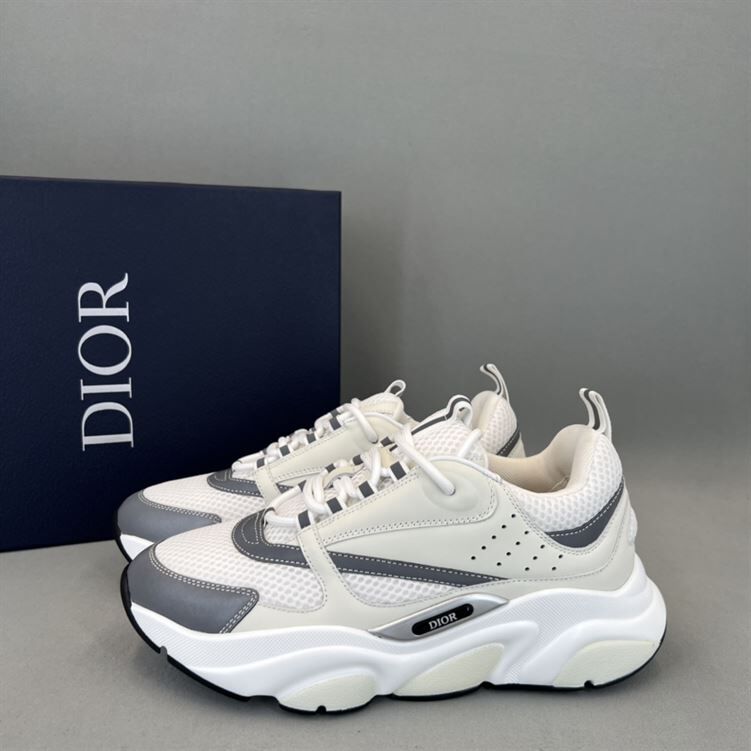 DIOR B22 SNEAKERS WHITE TECHNICAL MESH WITH WHITE AND SILVER-TONE CALFSKIN – DO002