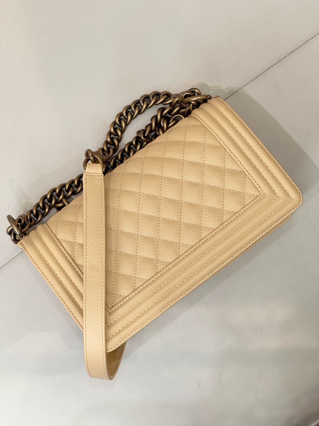 Chanel Medium Boy Bag Beige Caviar Aged Gold Hardware