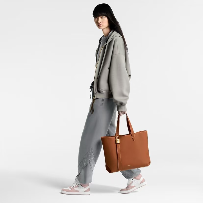 LOUIS VUITTON LOW KEY CABAS  EMBLEM LEATHER TOTE IN COGNAC