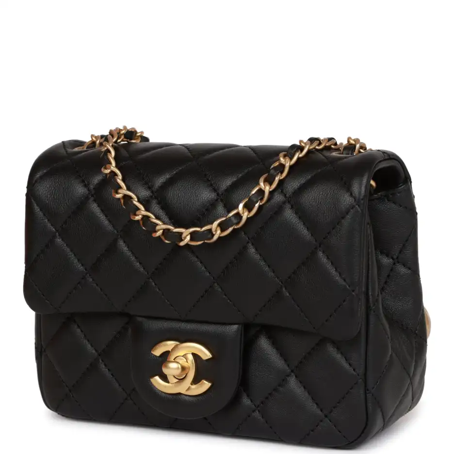CC Pearl Crush Mini Square Flap Bag Black Lambskin Antique Gold Hardware