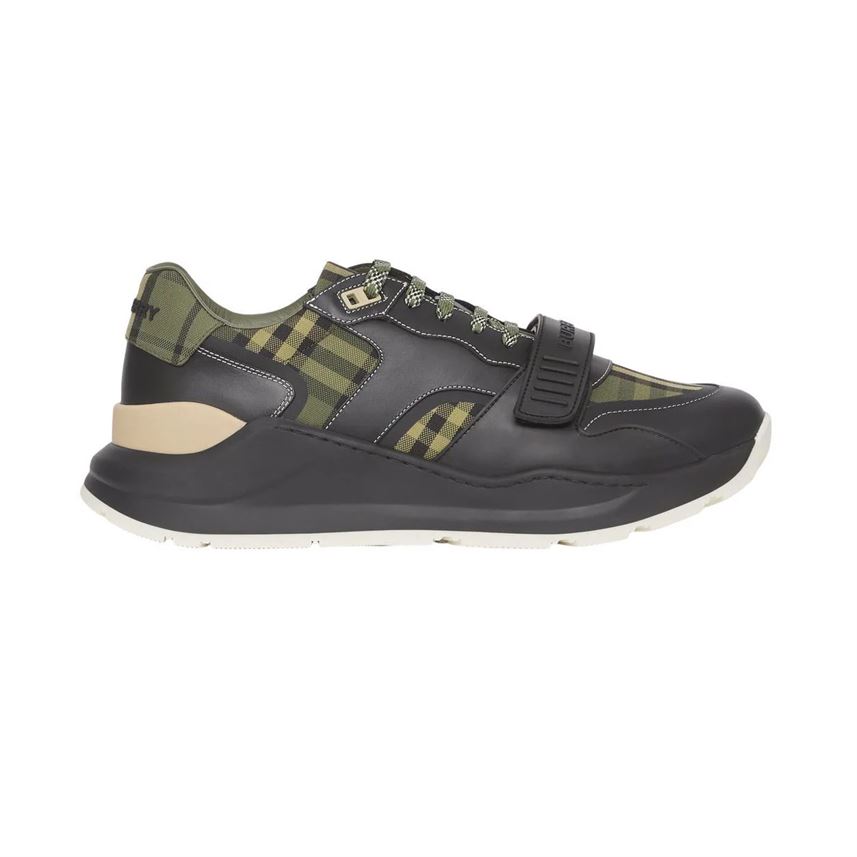 BURBERRY CHECK LACE-UP SNEAKERS IN MILITARY GREEN – BBR008