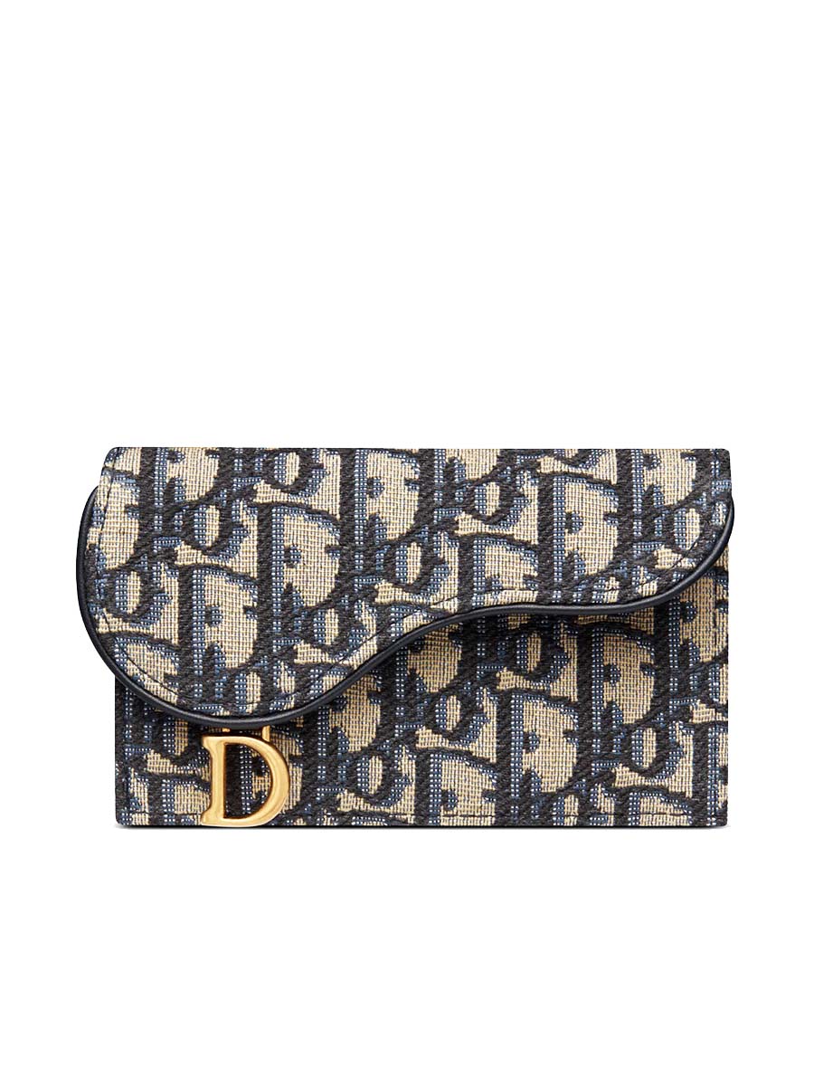 Dior Saddle Flap Compact Zipped Card Holder in Blue Dior Oblique Jacquard