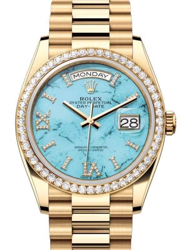 Rolex Day-Date 128348RBR Yellow Gold Diamond Bezel Turquoise Diamond Dial