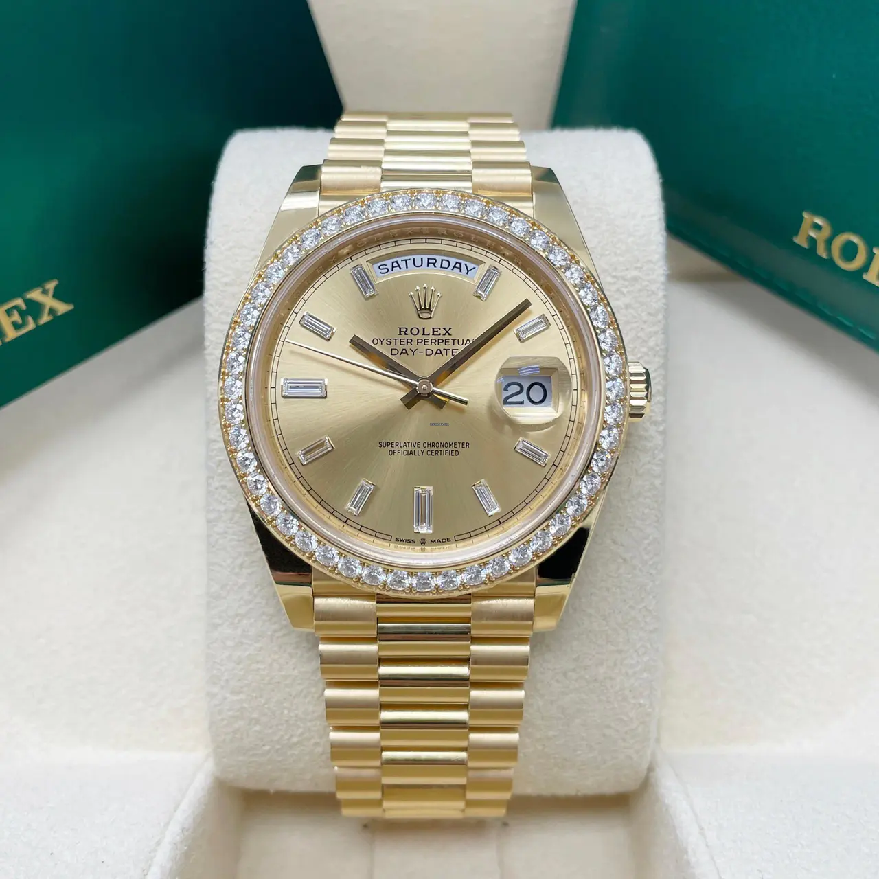 Rolex Day-Date 228348RBR Yellow Gold Diamond Bezel Champagne Diamond Dial