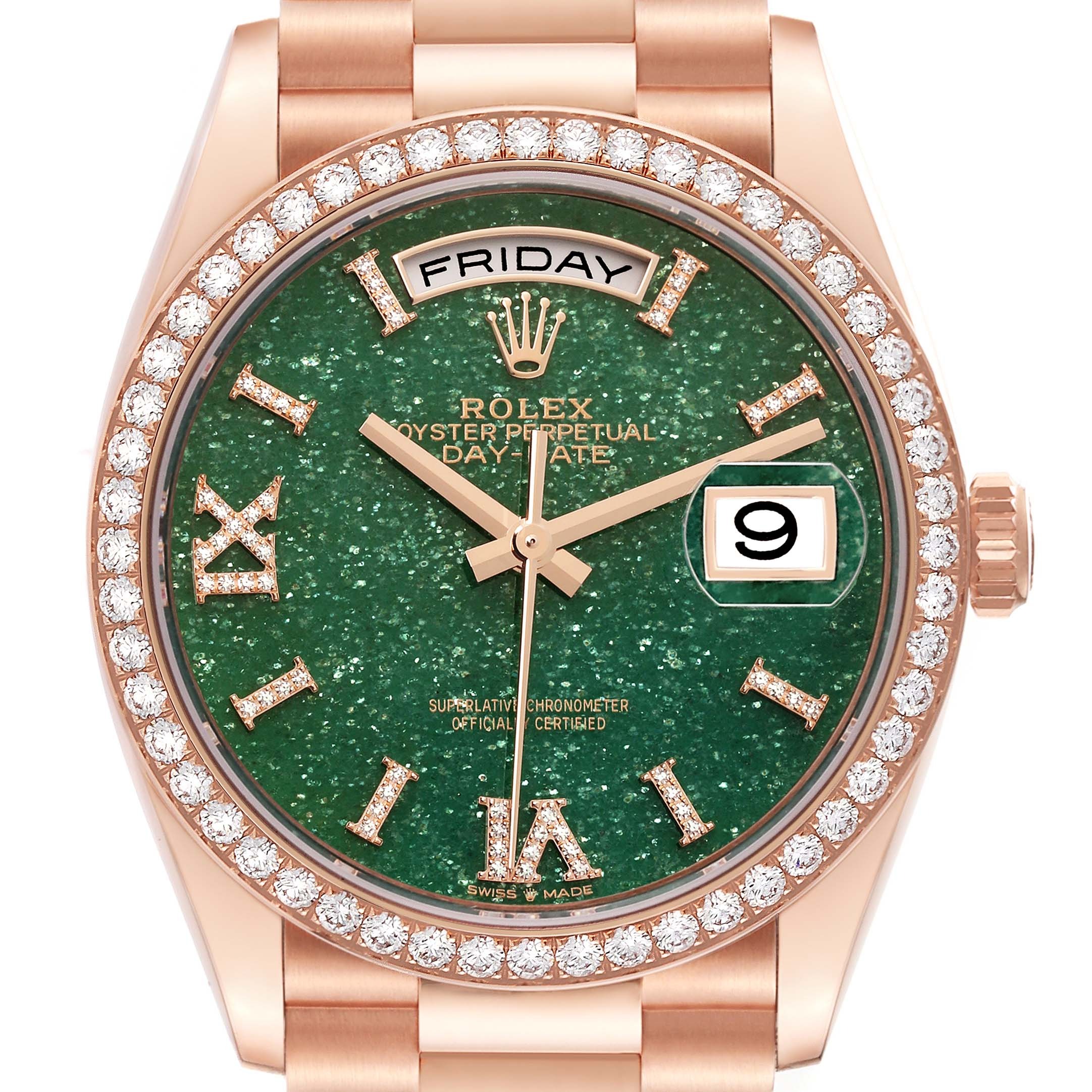 Rolex Day-Date Rose Gold Green Aventurine Diamond-Set Roman Dial Diamond Bezel Women's Watch M128345RBR-0068