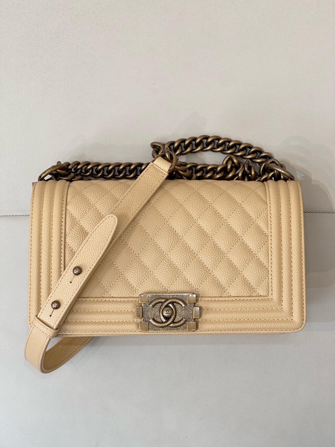 Chanel Medium Boy Bag Beige Caviar Aged Gold Hardware