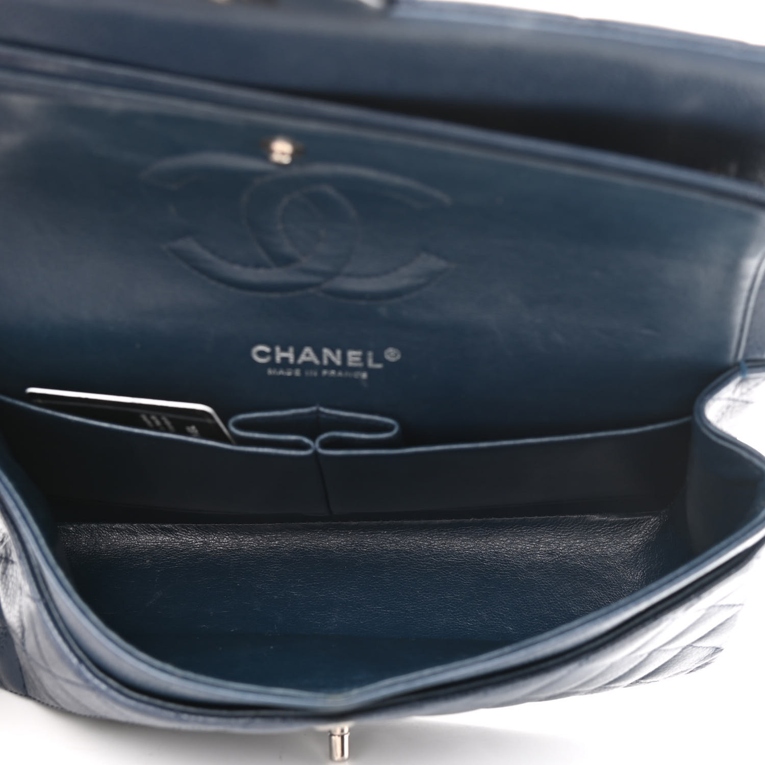Chanel Medium Classic Double Petal Navy Blue Lambskin Silver Accessories