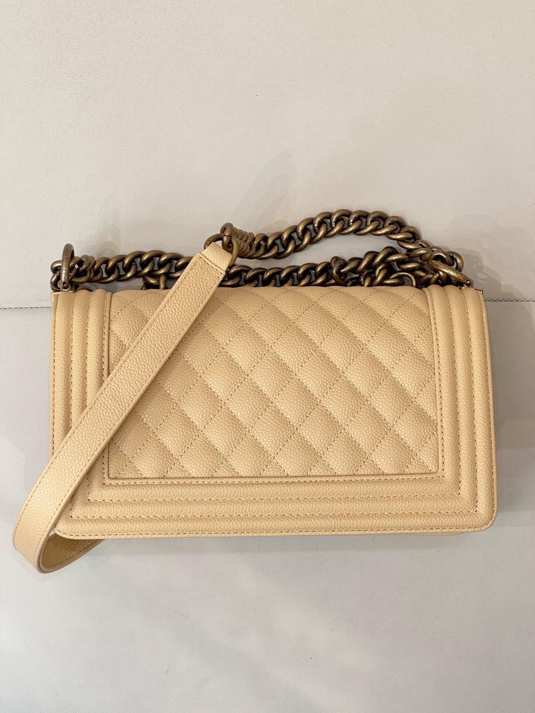 Chanel Medium Boy Bag Beige Caviar Aged Gold Hardware
