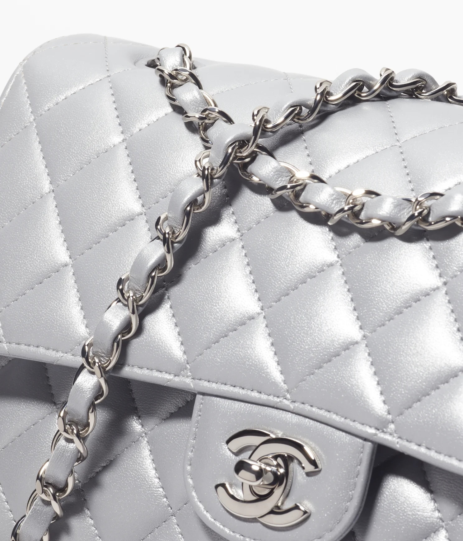 Chanel Medium Classic Double Flap Bag Silver Metallic Lambskin Silver Hardware
