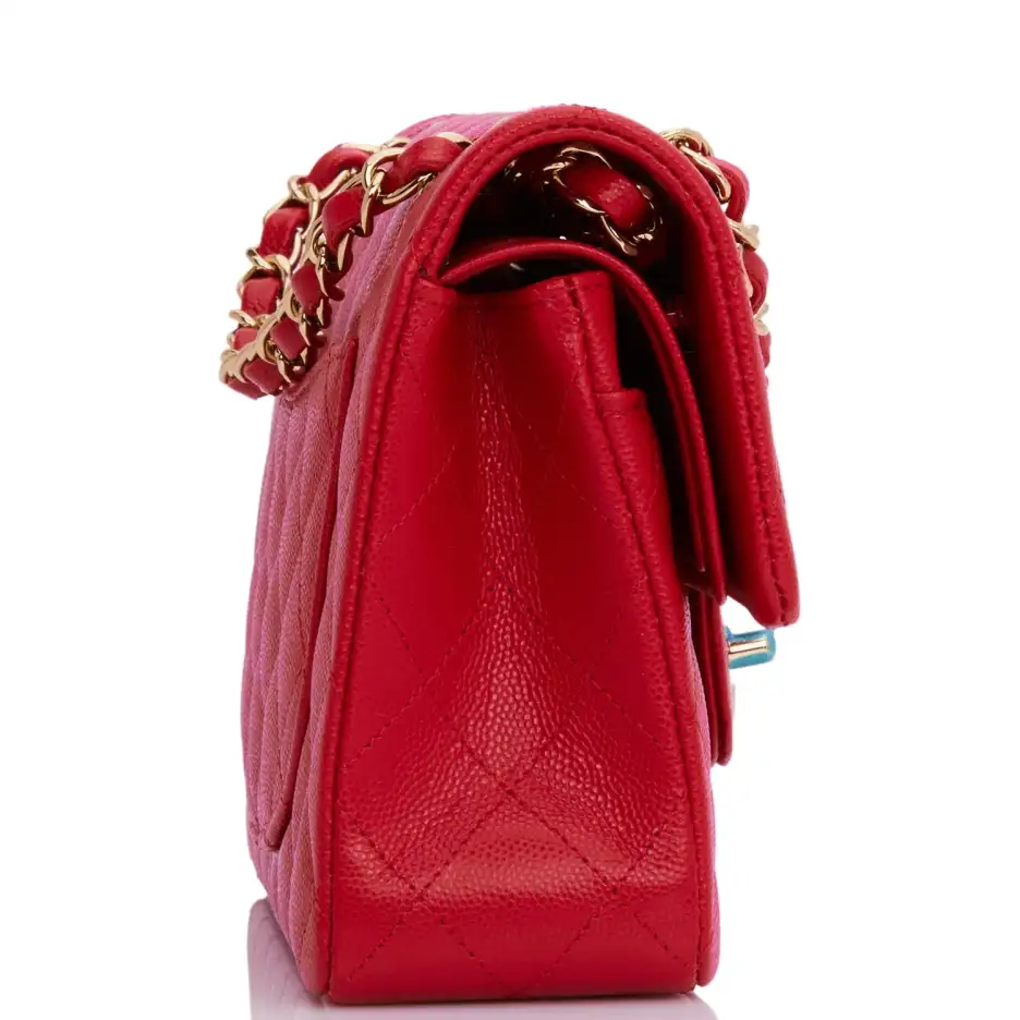 Chanel Small Classic Double Flap Red Caviar Light Gold Hardware