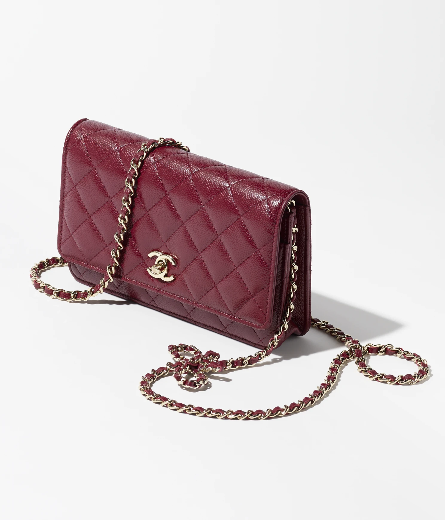 WALLET ON CHAIN Grained Calfskin & Gold-Tone Metal Burgundy  1