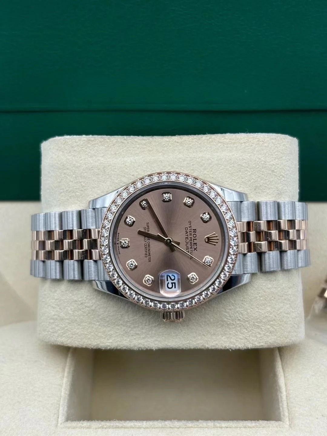 Rolex Datejust 31 Chocolate Diamonds Dial Diamond Bezel Rose Gold Two Tone Jubilee Watch 278381RBR 278381
