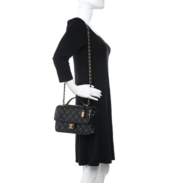 Chanel Patent Quilted Small Top Handle Flap Black