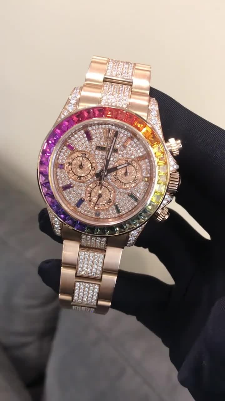 Rolex Cosmograph Everose Daytona Factory Diamond Rainbow Edition Ref# 116595RBOW)
