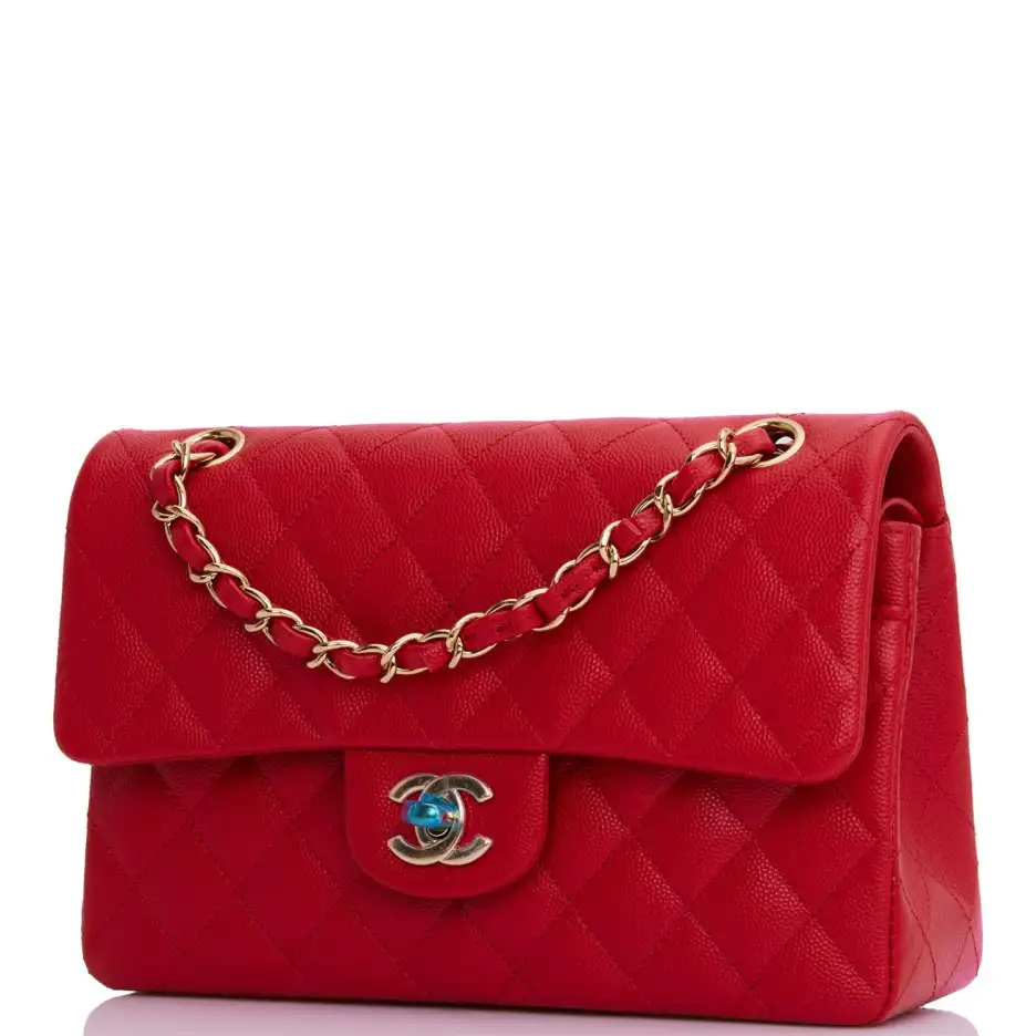 Chanel Small Classic Double Flap Red Caviar Light Gold Hardware