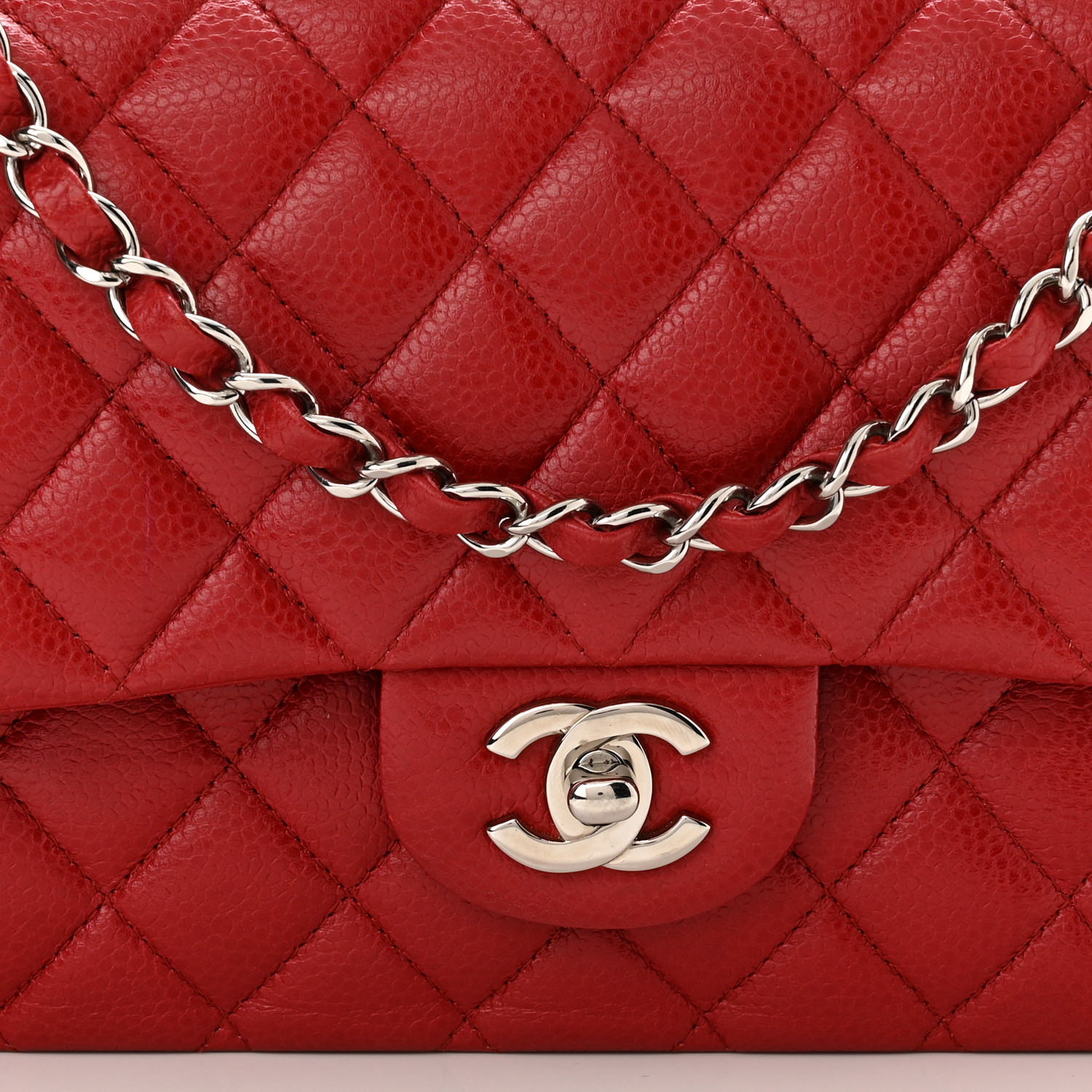 Caviar Quilted Medium Double Flap Red Silver Accessories
