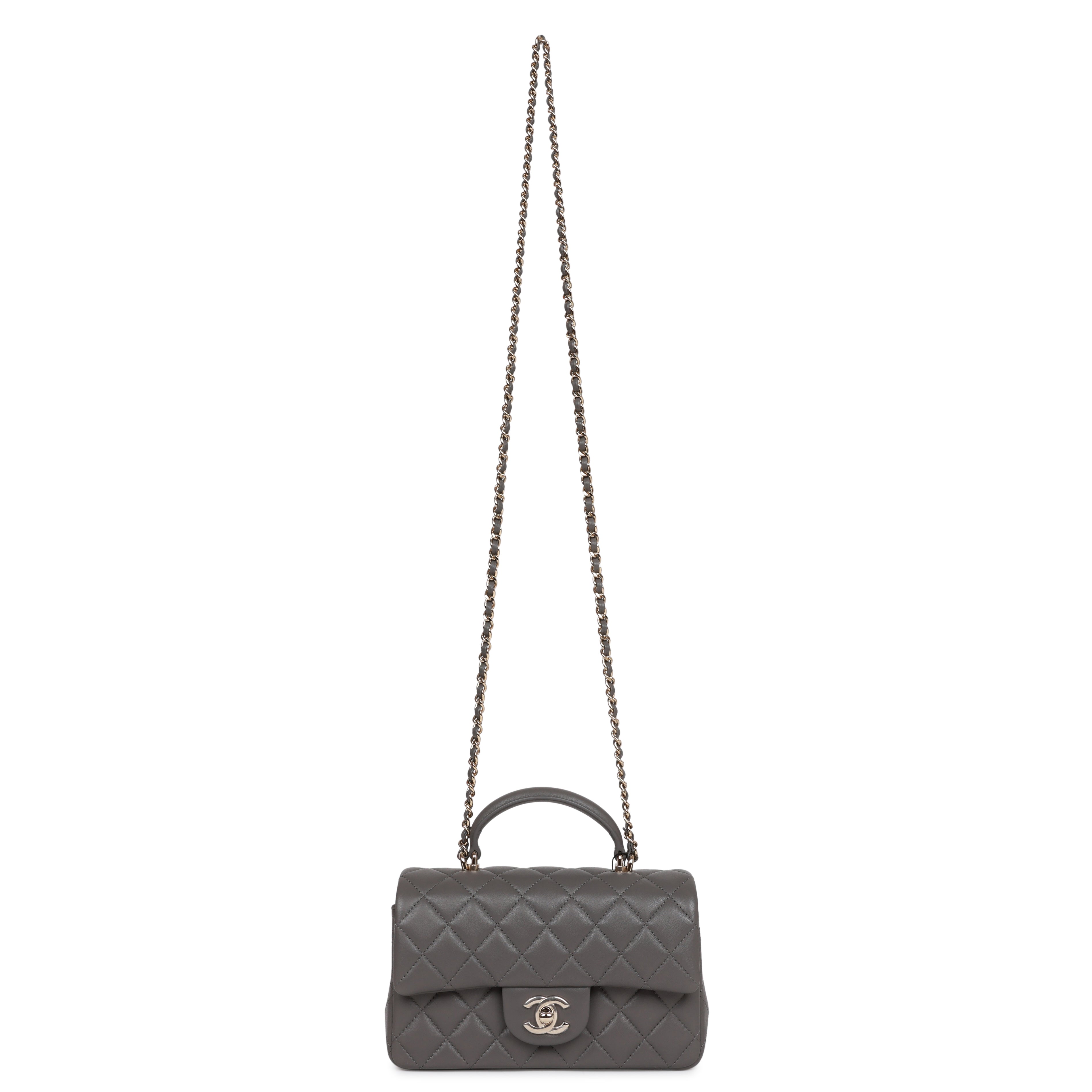 Chanel Mini Rectangular Flap Bag with Top Handle Dark Grey Lambskin Light Gold Hardware