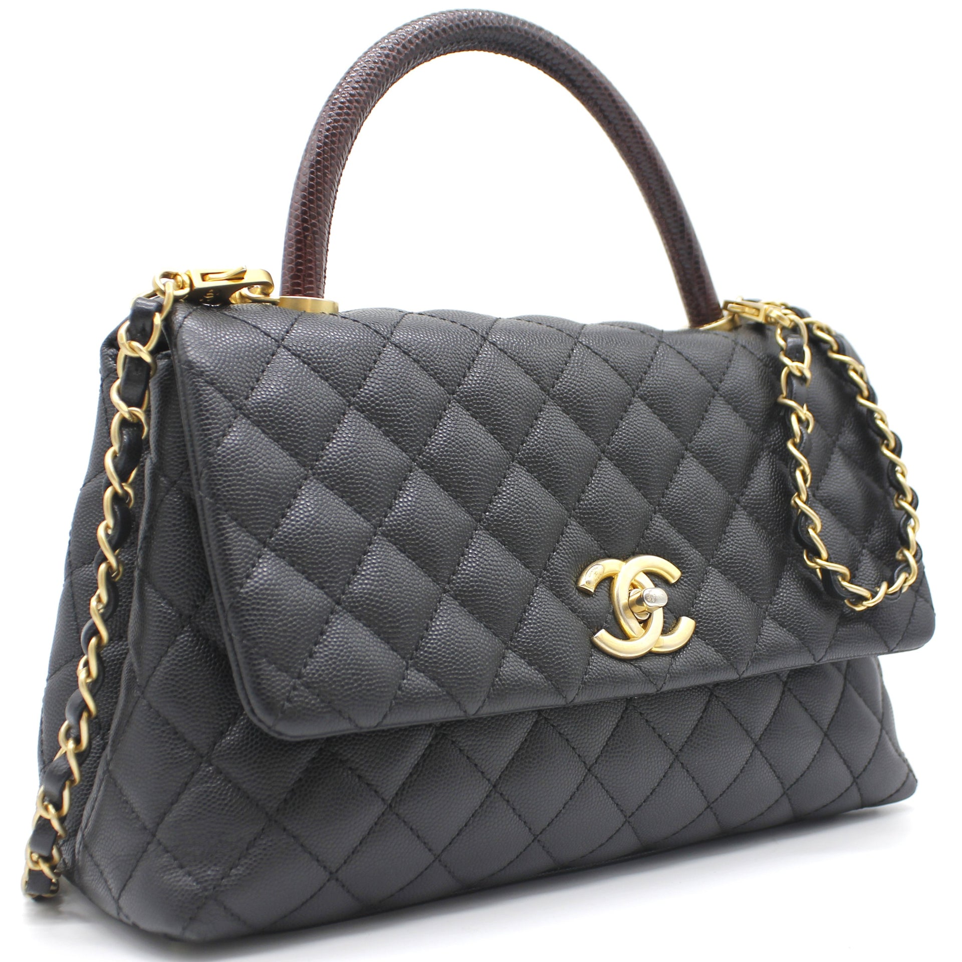 Chanel Medium Coco Handle Quilted Black Caviar Lizard Handle Gold Hardware