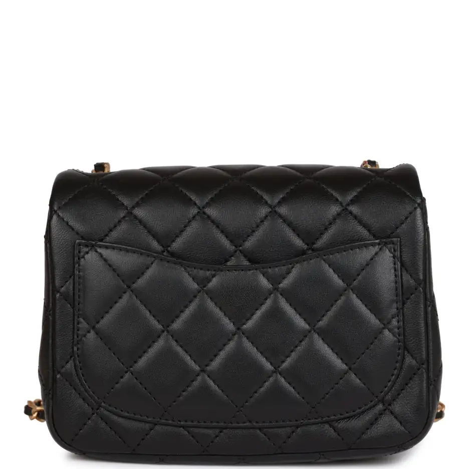 CC Pearl Crush Mini Square Flap Bag Black Lambskin Antique Gold Hardware