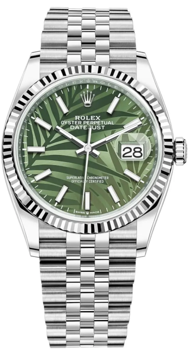 Rolex Datejust 36 Steel & White Gold Olive Green Palm-Motif Dial Women's Watch M126234-0047