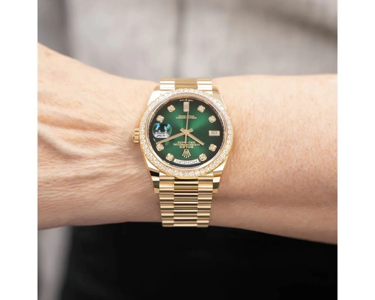 Rolex Day Date 36mm - Ref: 128348rbr-0035 - Green Ombre Diamond Dial & Diamond Bezel, 18K Yellow Gold President Bracelet Watch