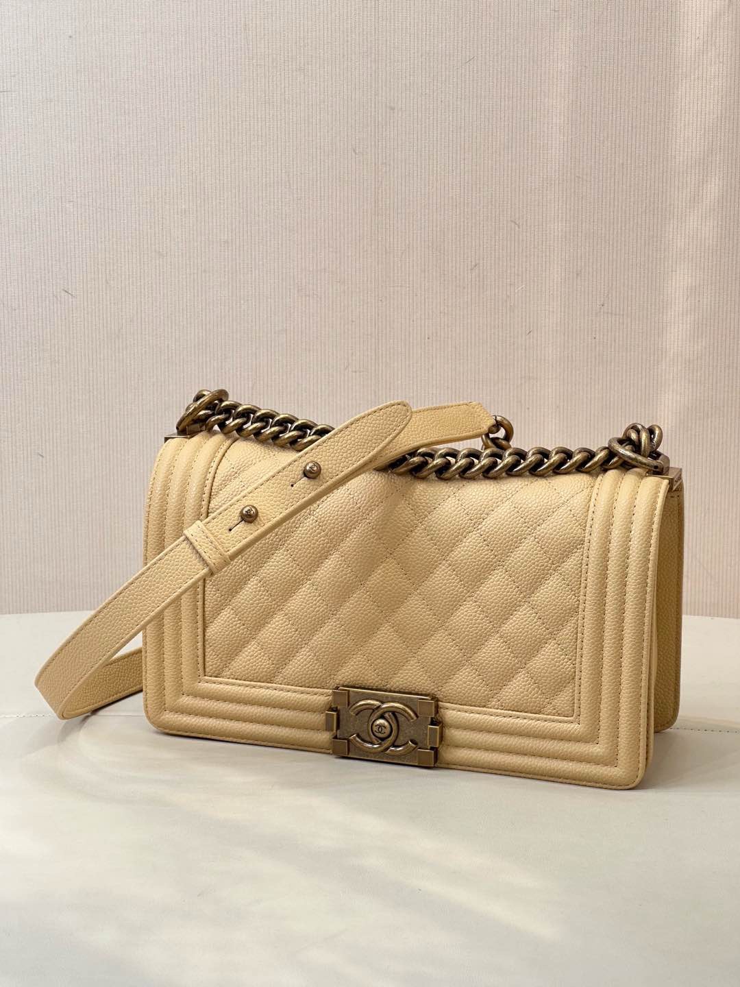 Chanel Medium Boy Bag Beige Caviar Aged Gold Hardware