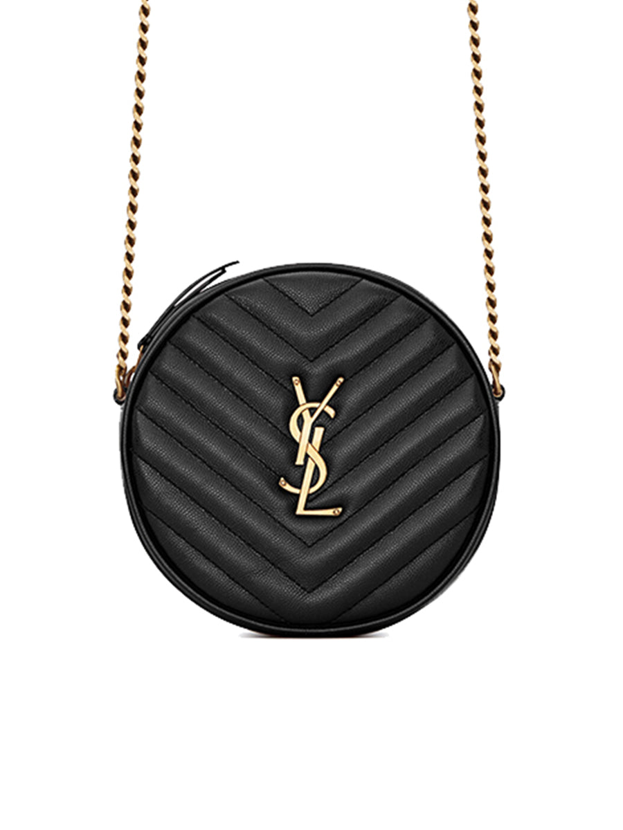 YSL Vinyle Round Camera Bag in Chevron-Quilted Grain de Poudre Embossed Leather