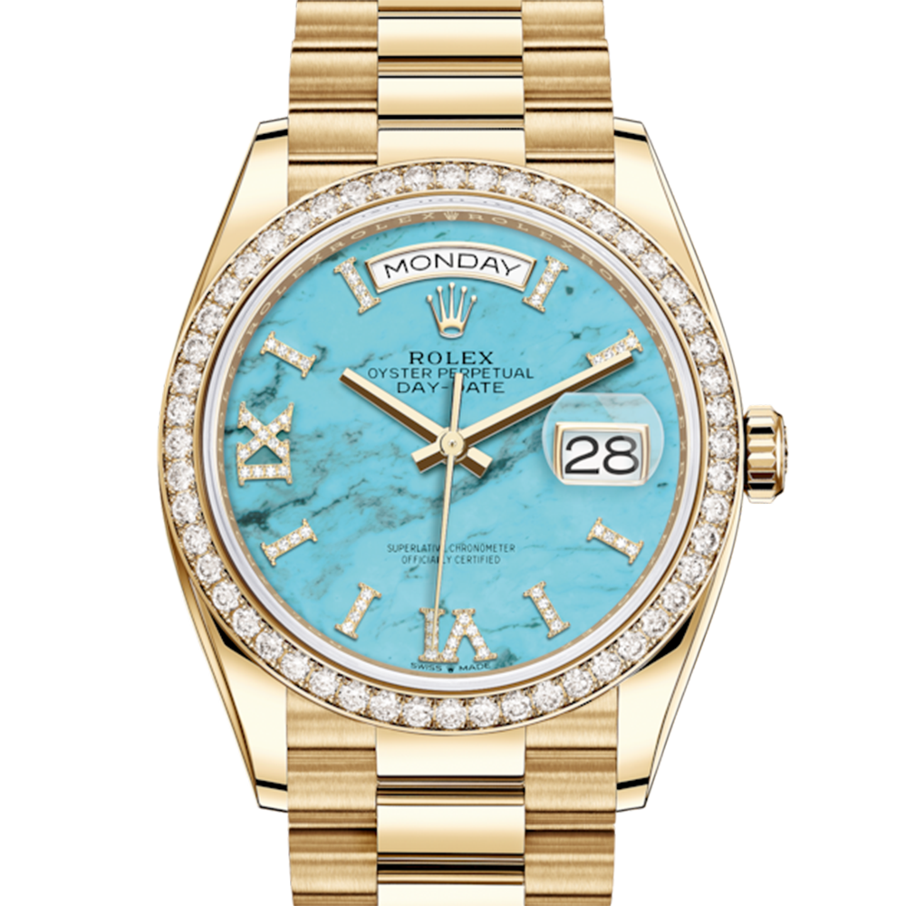 Rolex Day-Date 128348RBR Yellow Gold Diamond Bezel Turquoise Diamond Dial