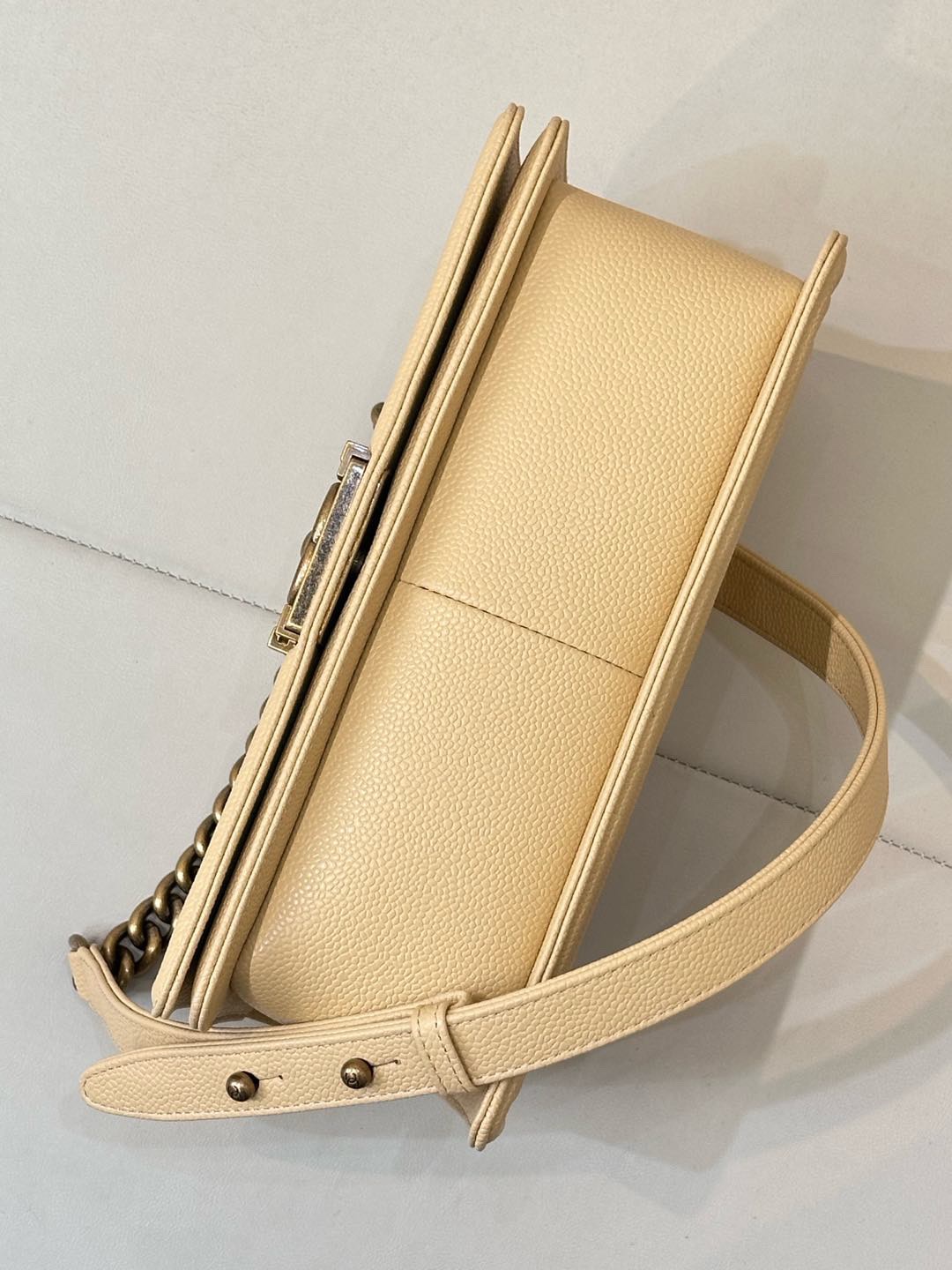 Chanel Medium Boy Bag Beige Caviar Aged Gold Hardware