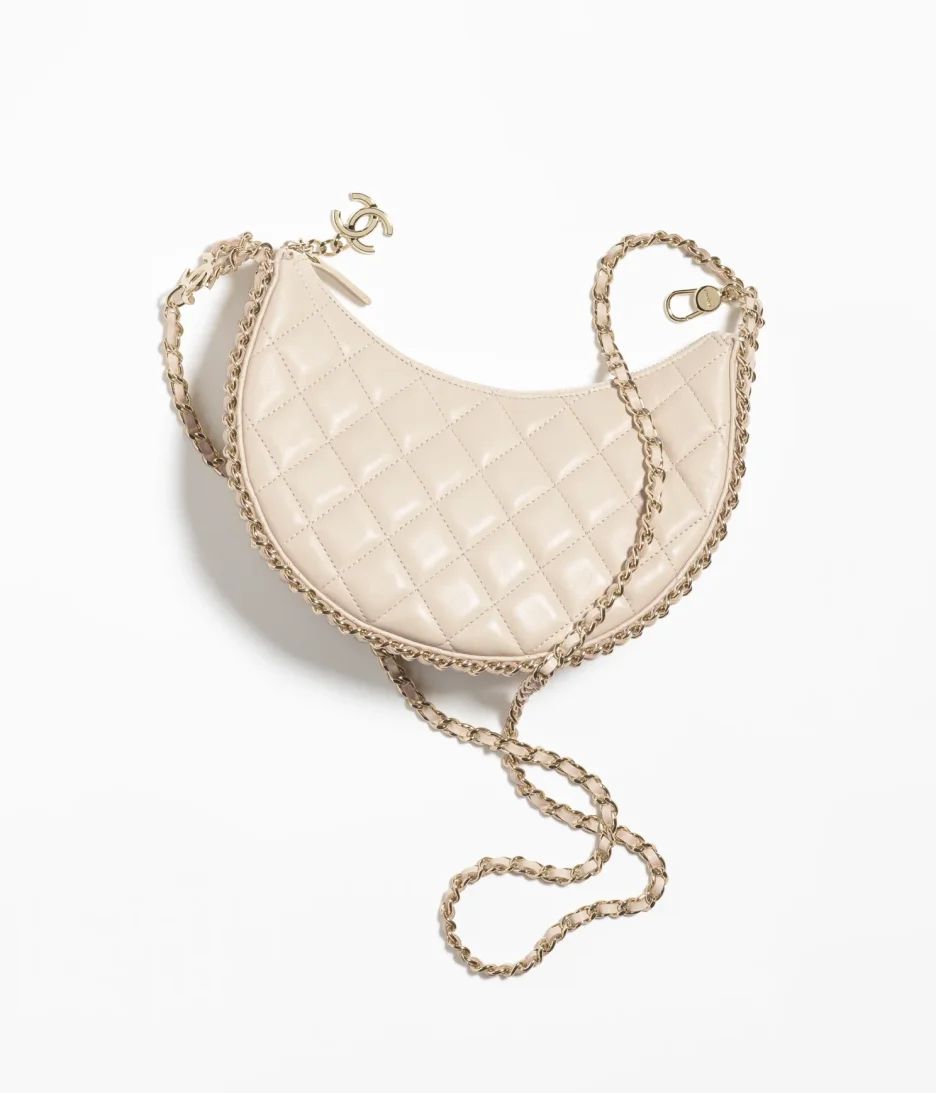 SMALL HOBO BAG Lambskin & Shiny Light Gold Metal Ecru