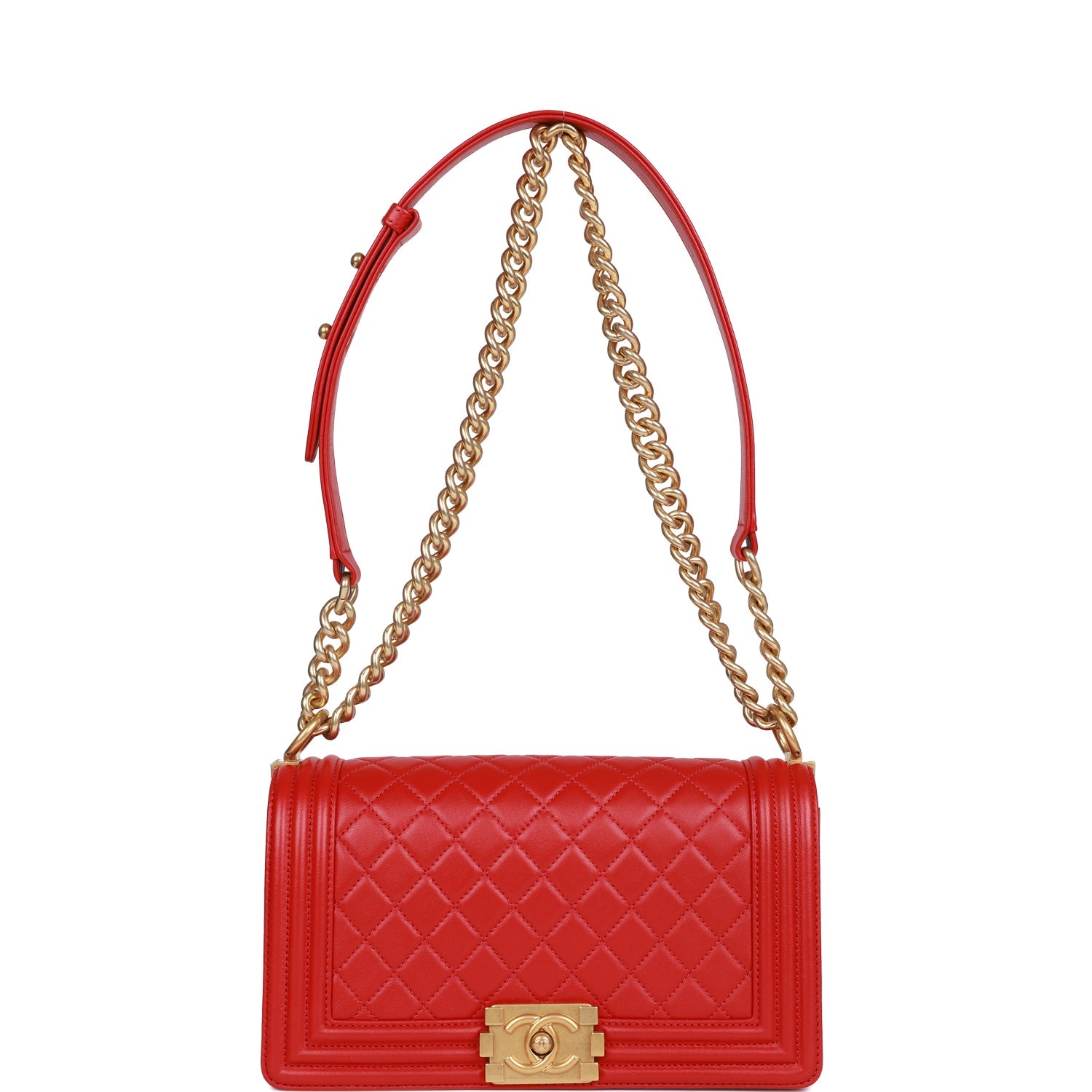 Chanel Medium Boy Bag Red Lambskin Antique Gold Hardware