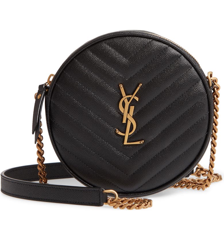 YSL Vinyle Round Camera Bag in Chevron-Quilted Grain de Poudre Embossed Leather