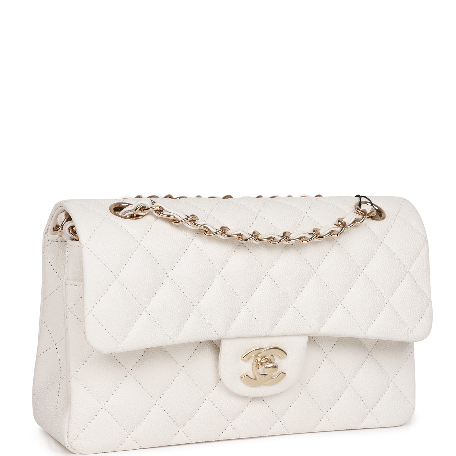 Small Classic Double Flap White Caviar Light Gold Hardware