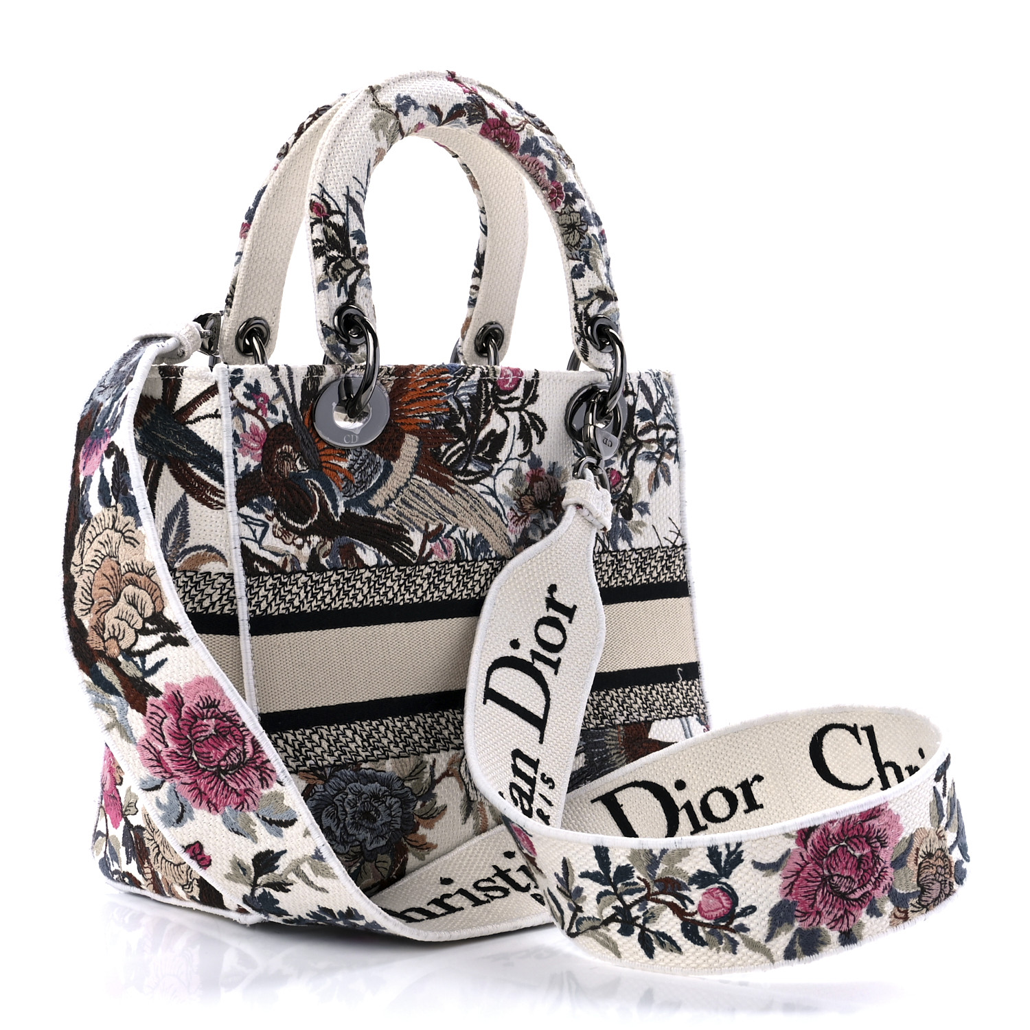 CHRISTIAN DIOR Canvas Embroidered Jardin D'Hive Medium Lady D-Lite Ecru Multicolor