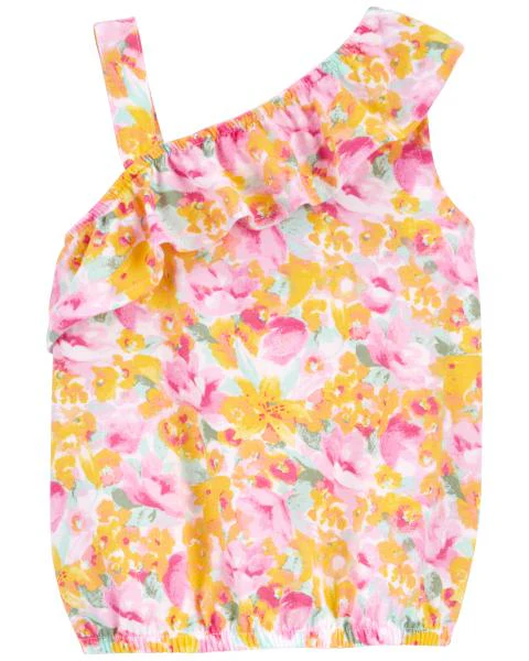 Oshkosh Toddler Floral Print Asymmetrical Ruffle Tank with Eyelet Trim Denim Shorts