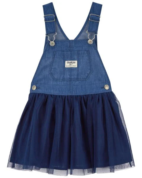 Oshkosh Toddler Tulle and Denim Jumper Dress with Striped Eyelet Ruffle Top
