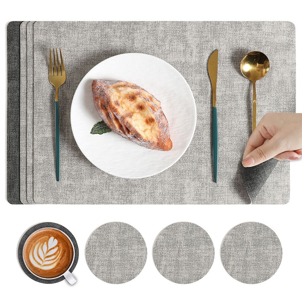 Leather Heat Resistant Placemats Set of 6 – Waterproof Wipeable Dining PU Place Mats for Indoor & Outdoor, Easy to Clean - Light Grey