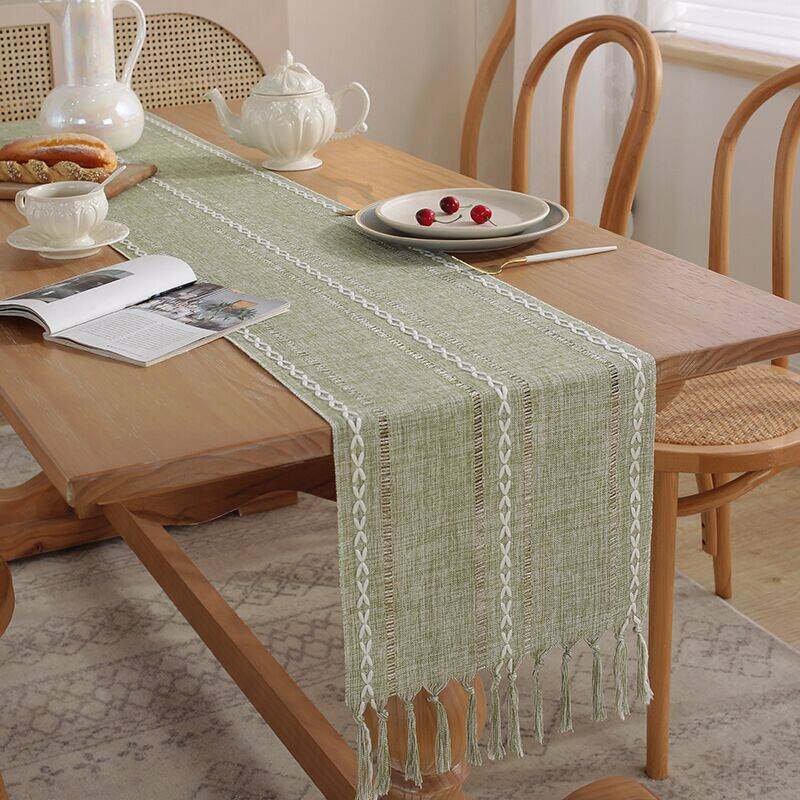Hemstitched Farmhouse Table Runner, Sage Green 13x72 Inch, Cotton Linen Table Runners 72 Inches Long, Embroidered Striped Sage Green Boho Table Runner Rustic Home Decor