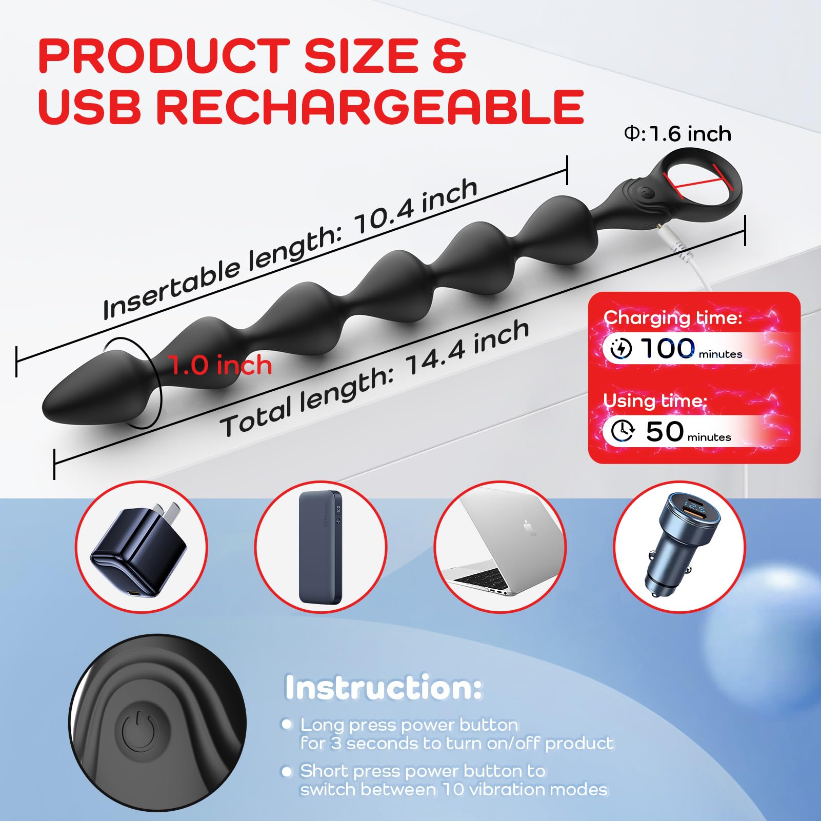 14.4 Inch Ultra-Soft Liquid Silicone Vibrating Anal Plug - 10 Vibration Modes & 3 Motors - Medical Grade Silicone - Perfect for Couples & Solo Play - Rechargeable & Easy to Clean - Ideal for Anal Enthusiasts